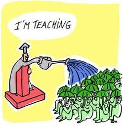 Picture of teacher watering knowledge on students with umbrellas